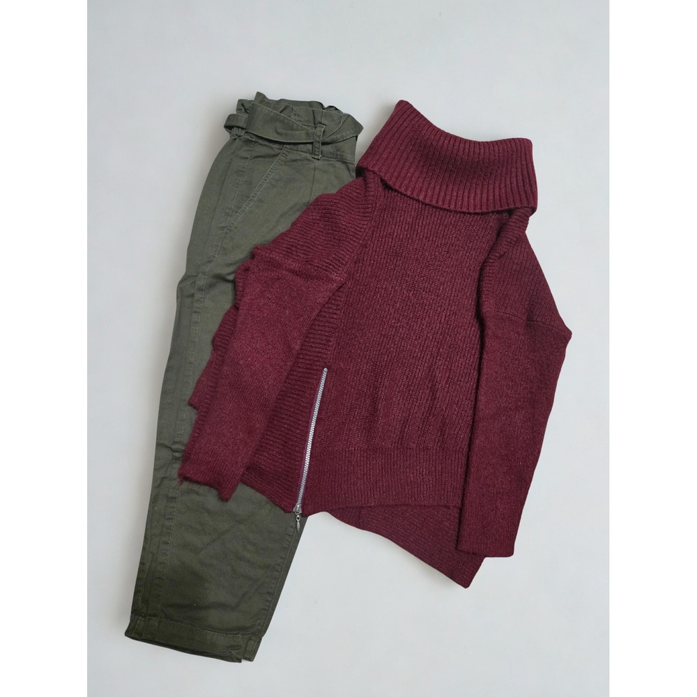LOFT Olive Paperbag Pants & Faded‎ Glory Maroon Cowl Sweater Bundle